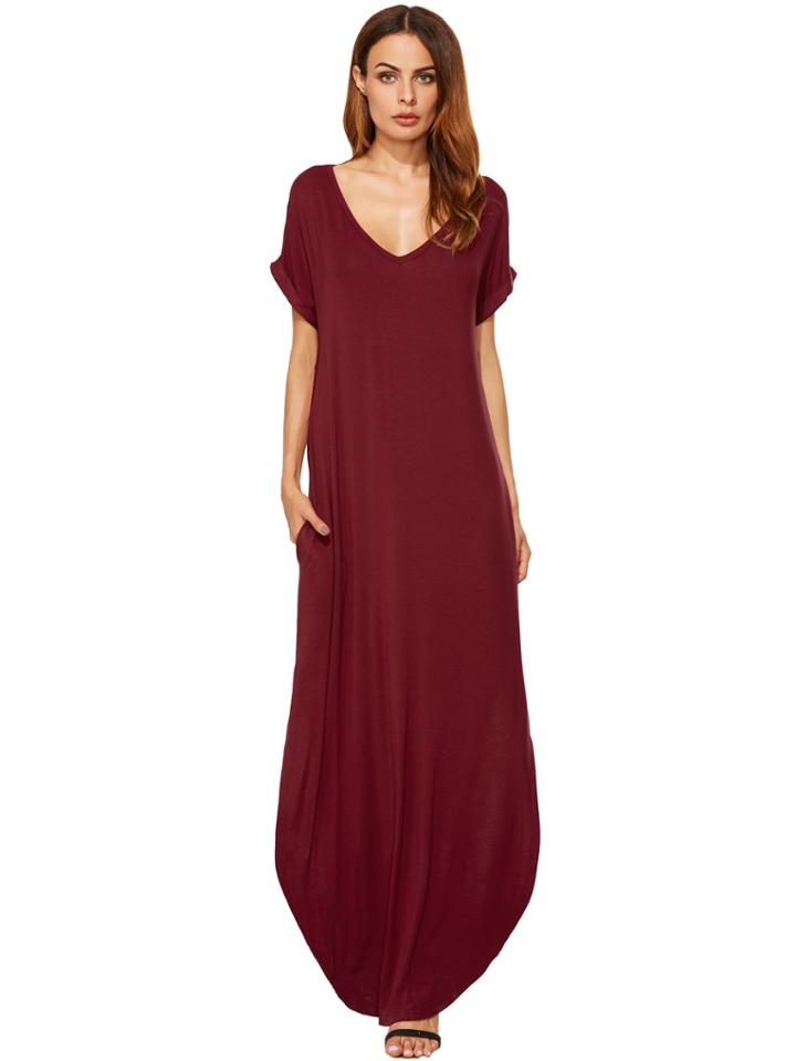 Romwe Red Rolled-cuff Pockets Split Maxi Dress