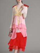 Romwe Pink V Neck Sequined Ruffle Ombre Dress
