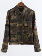 Romwe Army Green Patch Embroidery Sleeve Dip Hem Camouflage Jacket