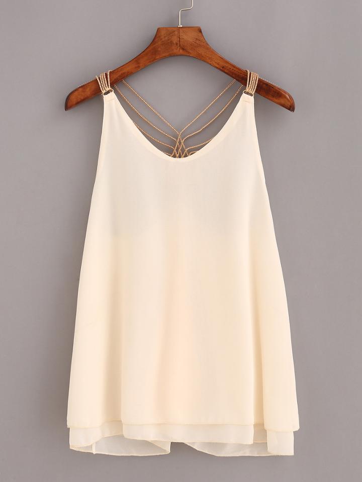Romwe Beaded Racerback Chiffon Top - Apricot