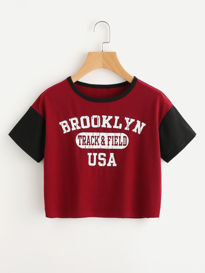 Romwe Slogan Print Contrast Sleeve Ringer Tee