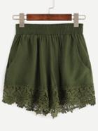 Romwe Olive Green Lace Trimmed Elastic Waist Shorts
