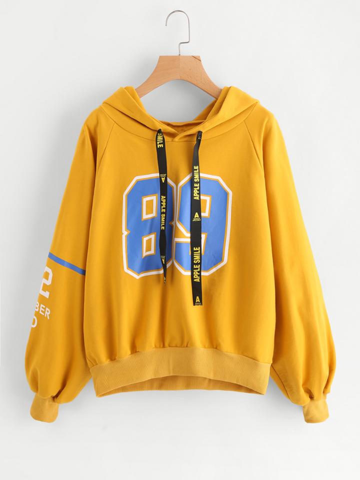 Romwe Varsity Print Balloon Sleeve Raglan Hoodie