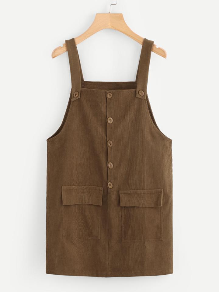 Romwe Single Breasted Dual Pocket Corduroy Pinafore Dress