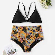 Romwe Ring Linked Triangle Top With Random Tropical Bikini