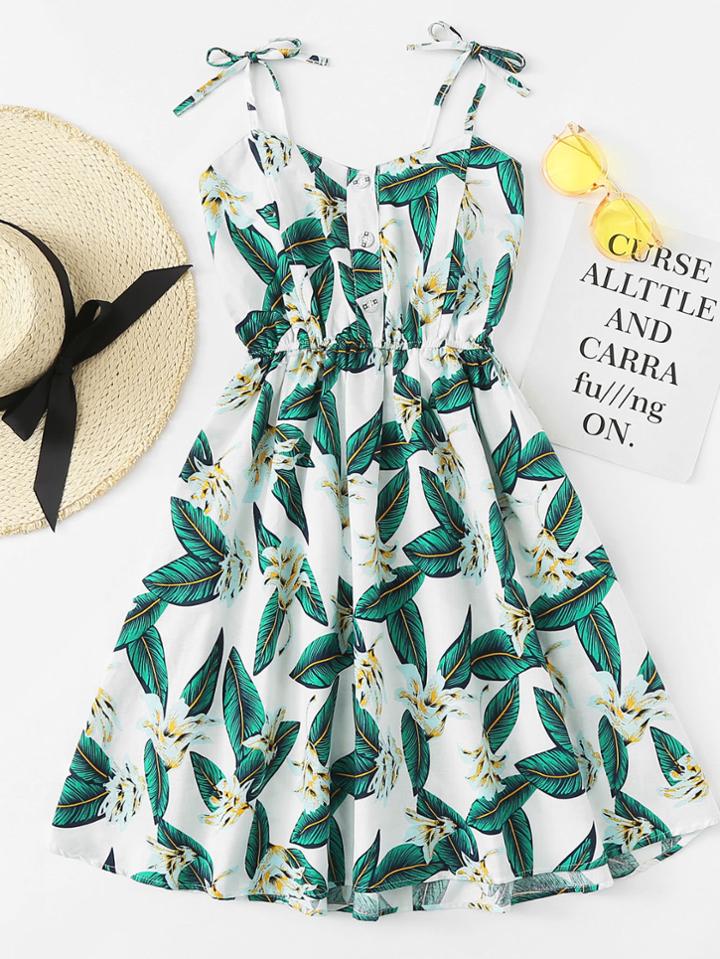 Romwe Leaf Print Pleated Cami Dress