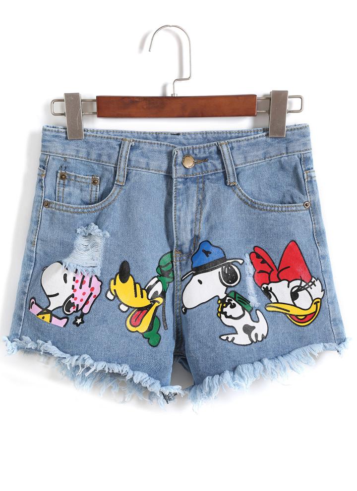 Romwe Cartoon Print Denim Shorts
