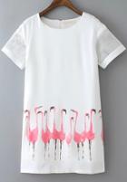 Romwe White Hollow Short Sleeve Crane Print Dress