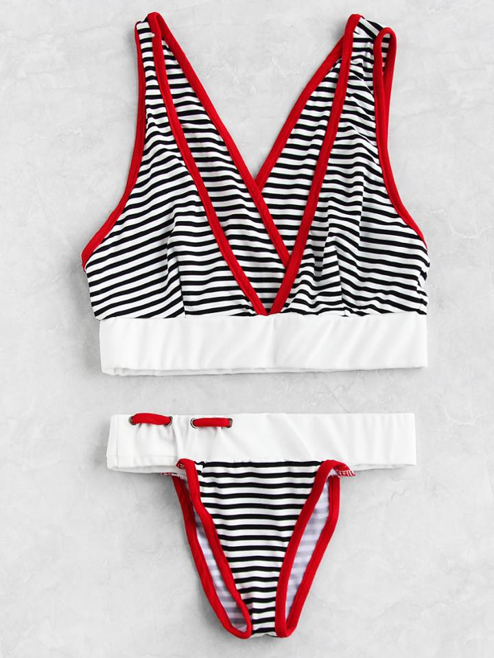 Romwe Pinstriped Print Contrast Trim V Neck Bikini Set