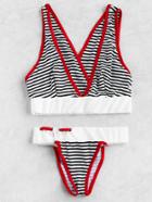 Romwe Pinstriped Print Contrast Trim V Neck Bikini Set