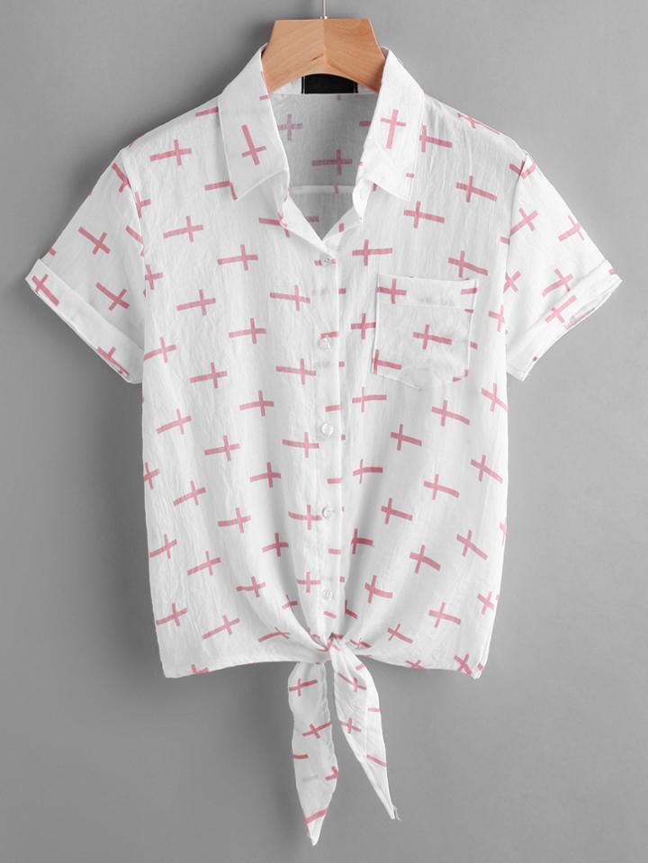 Romwe Cross Print Knotted Hem Shirt