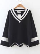 Romwe Black Color Block V Neck Asymmetrical Sweater