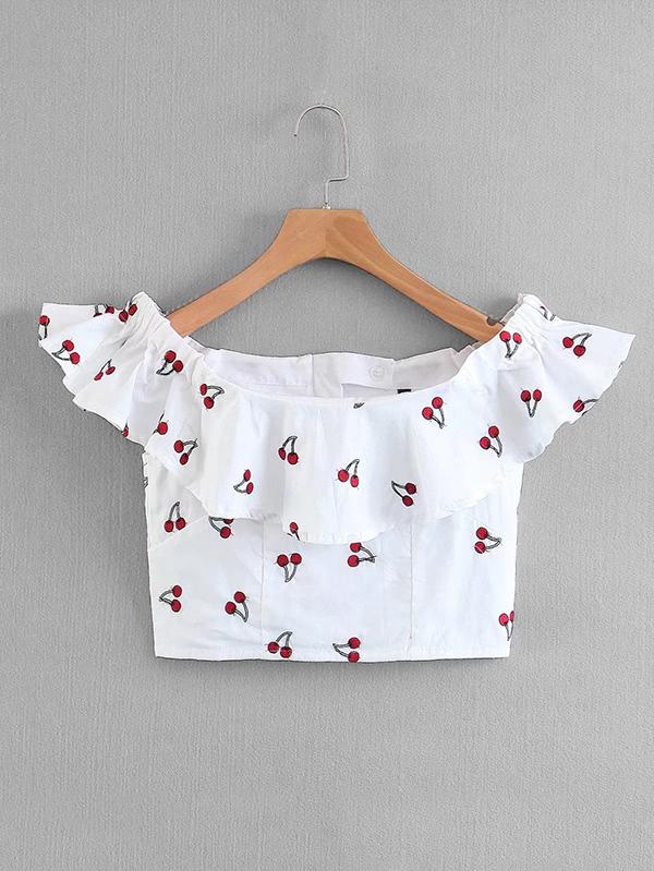 Romwe Cherry Print Flounce Crop Top