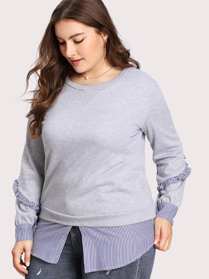 Romwe Striped Panel Frill Trim Sweatshirt