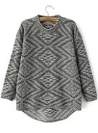 Romwe Diamond Patterned Dipped Hem Grey Sweater