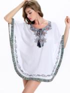 Romwe White Striped Trim Tie Neck Embroidered Poncho Blouse