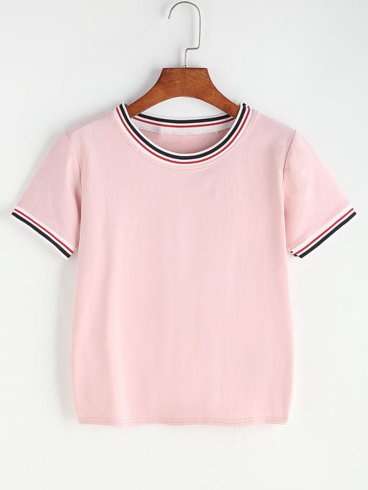 Romwe Contrast Striped Trim Tee