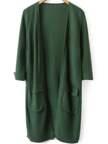 Romwe Slit Side Pockets Green Cardigan
