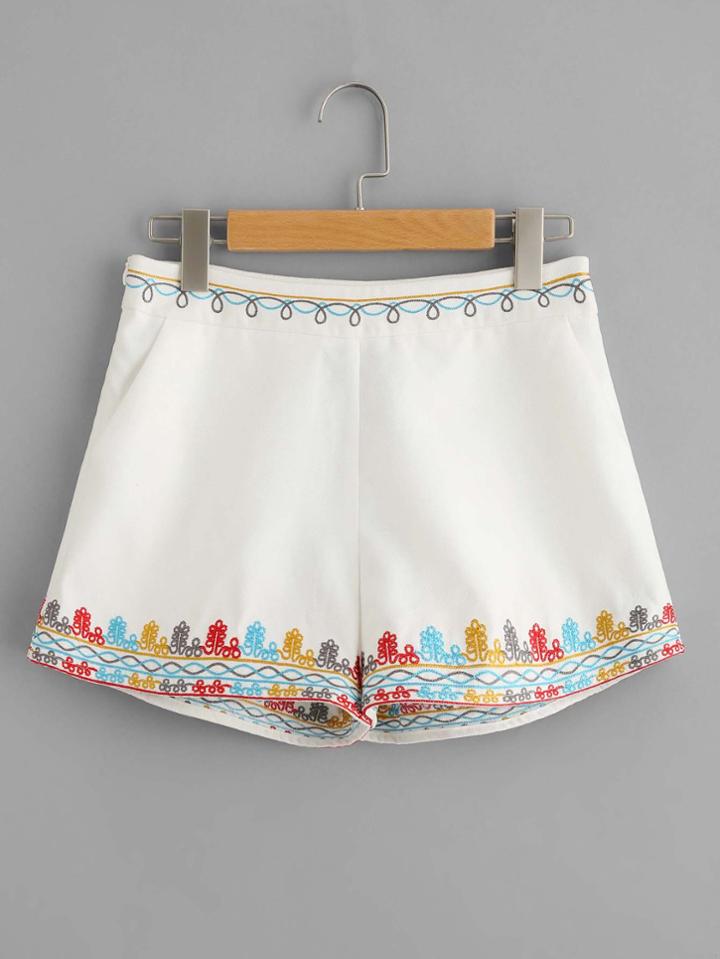 Romwe Embroidered Waist And Hem Shorts
