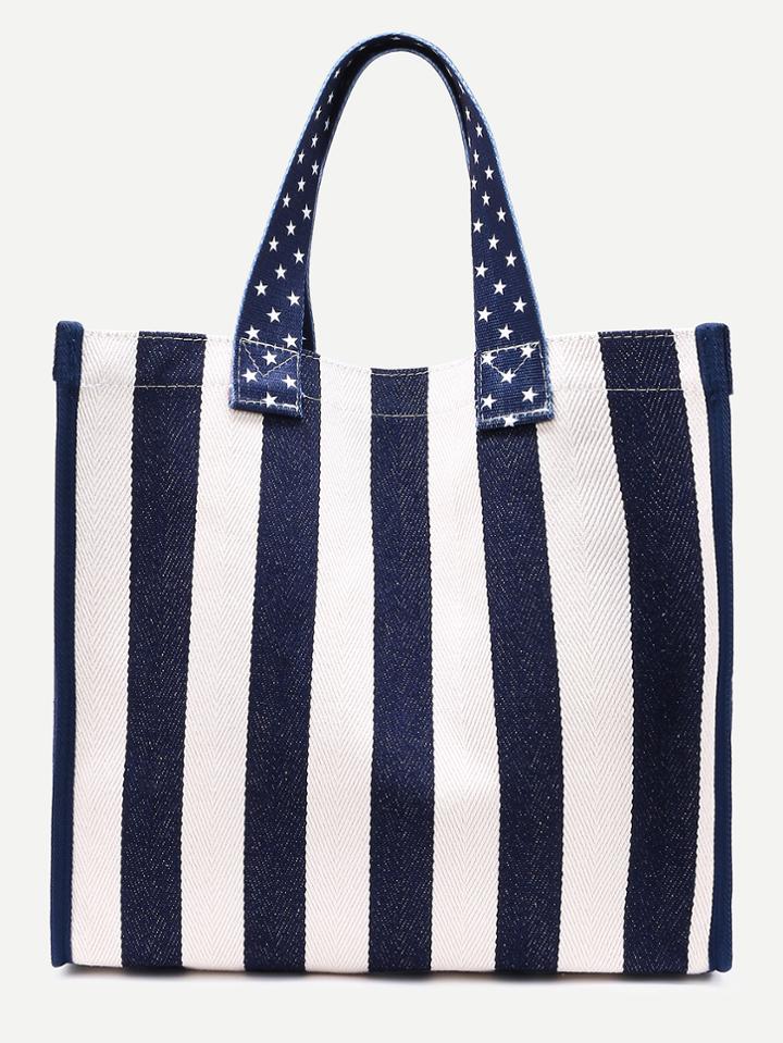 Romwe Blue And White Nautical Stripe Canvas Tote Bag