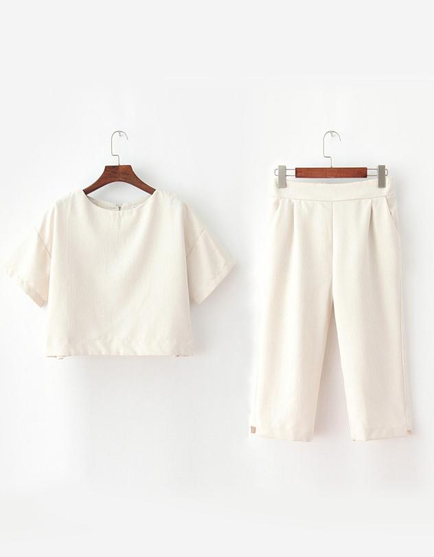 Romwe Short Sleeve Crop Top With Zipper Beige Pant