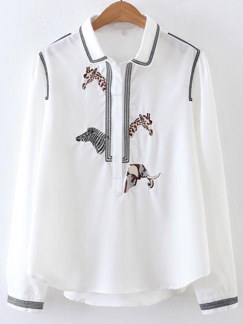 Romwe White Animal Embroidery Contrast Binding Blouse