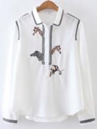 Romwe White Animal Embroidery Contrast Binding Blouse