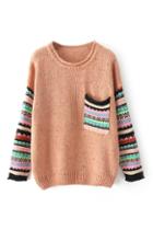 Romwe Pocketed Striped Pink Jumper