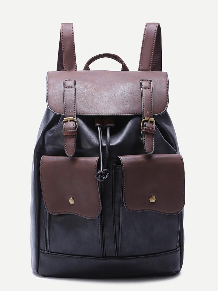 Romwe Black Double Pocket Buckled Drawstring Pu Backpack