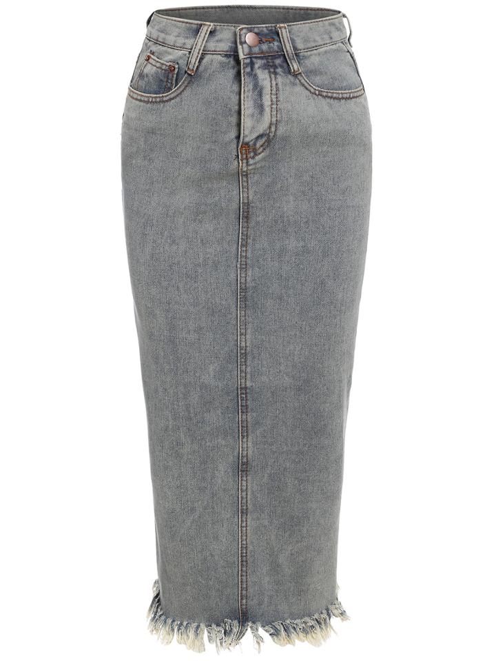 Romwe Fringe Denim Split Back Skirt