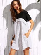 Romwe White Vertical Striped Contrast Yoke Dress