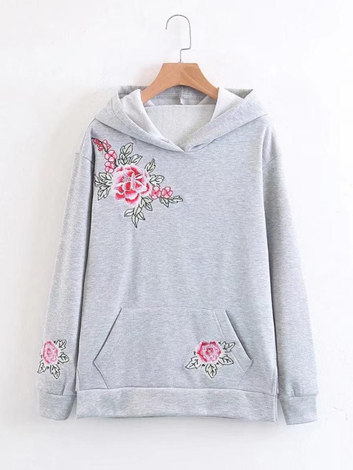 Romwe Flower Embroidery Kangaroo Pocket Hoodie