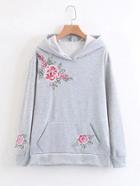 Romwe Flower Embroidery Kangaroo Pocket Hoodie
