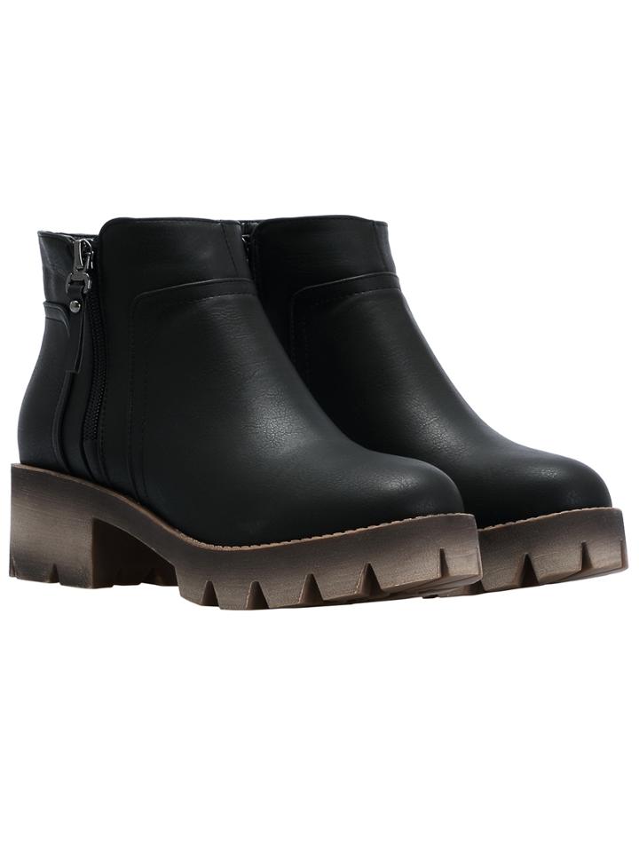 Romwe Black Round Toe Zippers Pu Boots