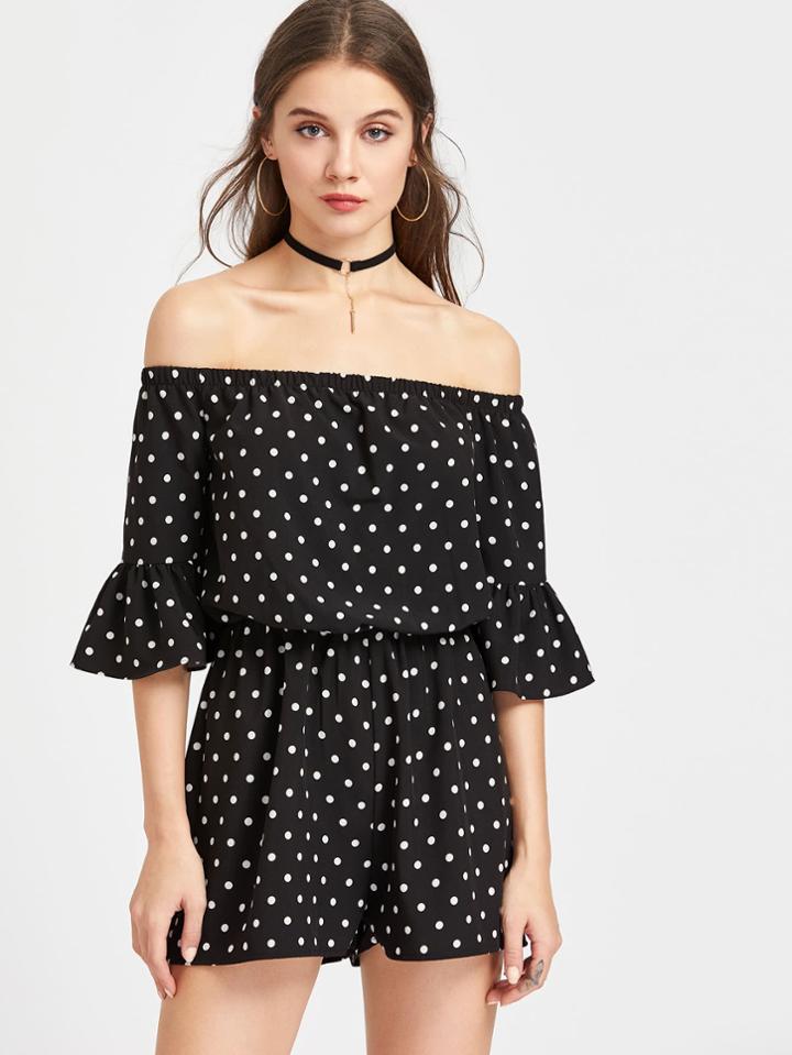 Romwe Polka Dot Print Fluted Sleeve Blouson Romper