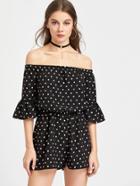 Romwe Polka Dot Print Fluted Sleeve Blouson Romper