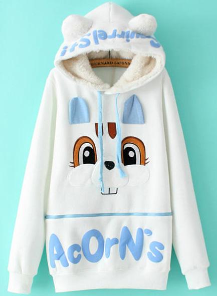 Romwe Hooded Rabbit Pattern White Sweatshirt