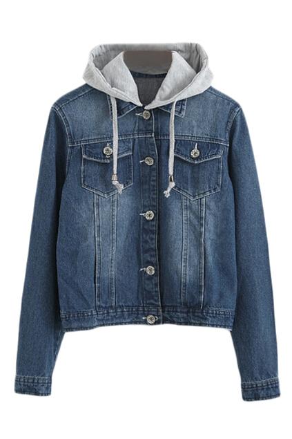 Romwe Buttoned Drawstring Hoodied Denim Coat