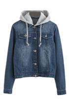 Romwe Buttoned Drawstring Hoodied Denim Coat