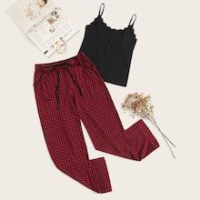 Romwe Lace Trim Cami With Gingham Pants Pj Set