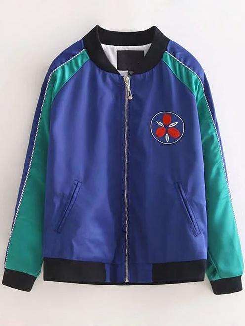 Romwe Royal Blue Crew Neck Embroidery Pocket Jacket