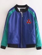 Romwe Royal Blue Crew Neck Embroidery Pocket Jacket