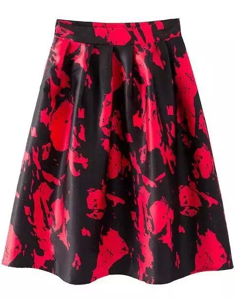 Romwe With Zipper Vintage Print Pleated Red Skirt