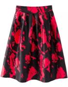 Romwe With Zipper Vintage Print Pleated Red Skirt