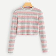 Romwe Stand-neck Striped Crop Tee