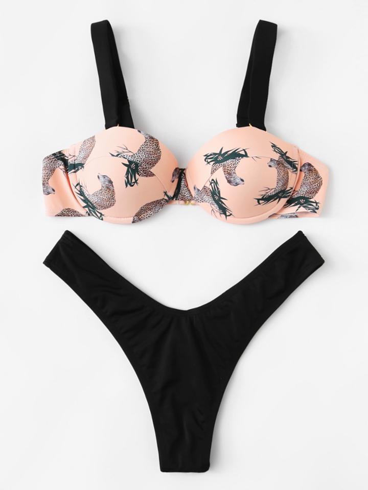 Romwe Animal Print High Leg Bikini Set