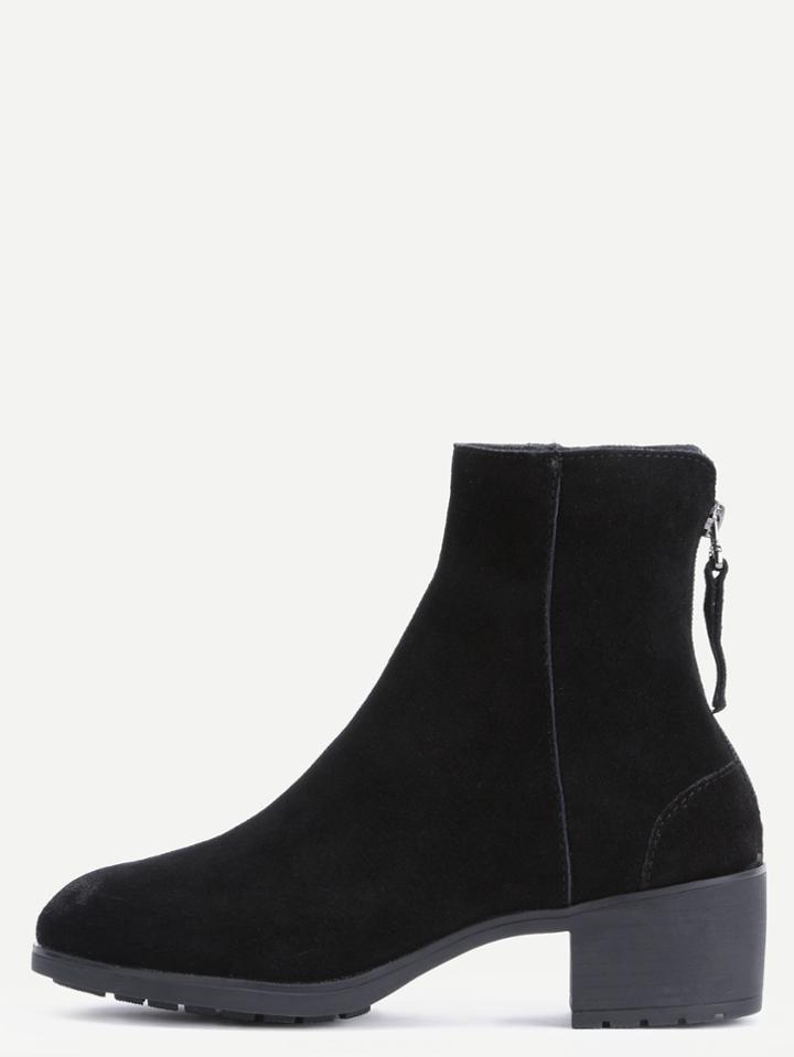 Romwe Black Nubuck Leather Back Zipper Chunky Heel Short Boots