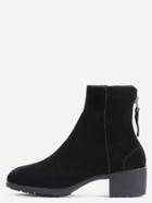 Romwe Black Nubuck Leather Back Zipper Chunky Heel Short Boots
