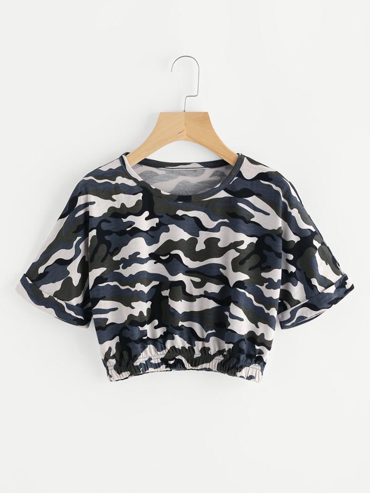 Romwe Camo Print Elastic Hem Crop Tee