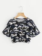 Romwe Camo Print Elastic Hem Crop Tee